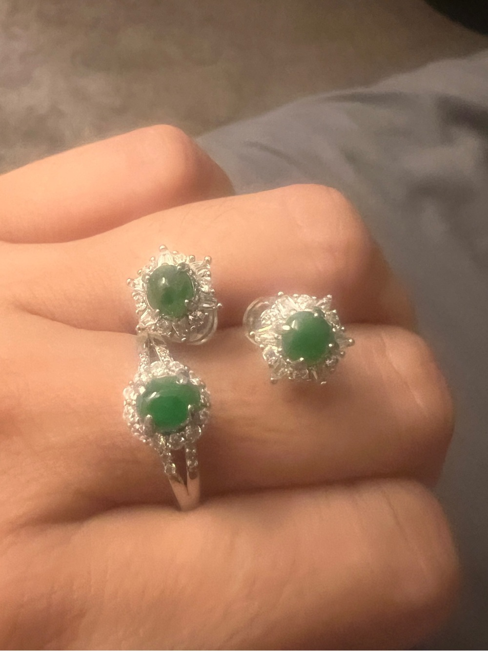 Sterling Silver Green Jade Halo Ring and Stud Earrings Set
